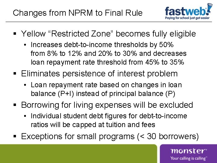 Changes from NPRM to Final Rule § Yellow “Restricted Zone” becomes fully eligible •