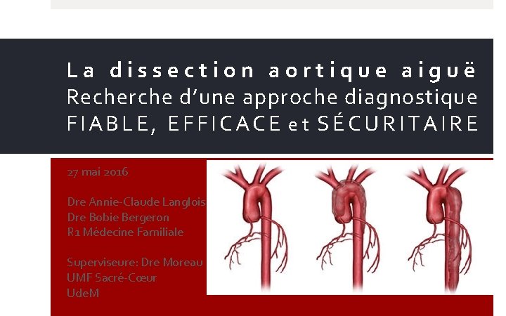 La dissection aortique aiguë Recherche d’une approche diagnostique FIABLE, EFFICACE e t SÉCURITAIRE 27