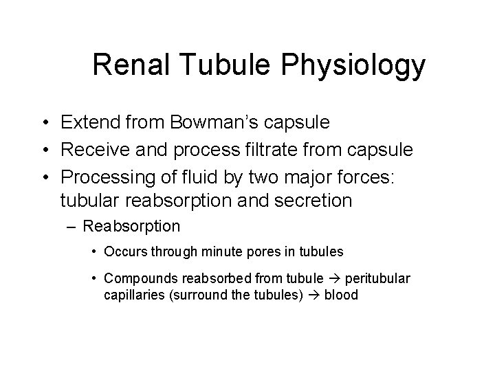 Renal Tubule Physiology • Extend from Bowman’s capsule • Receive and process filtrate from
