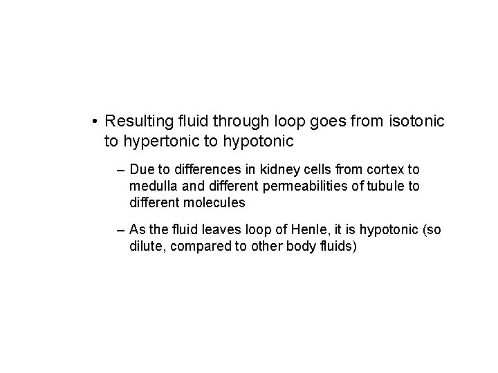  • Resulting fluid through loop goes from isotonic to hypertonic to hypotonic –