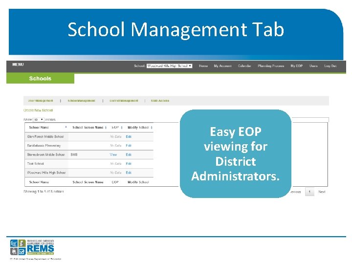 School Management Tab Easy EOP viewing for District Administrators. 