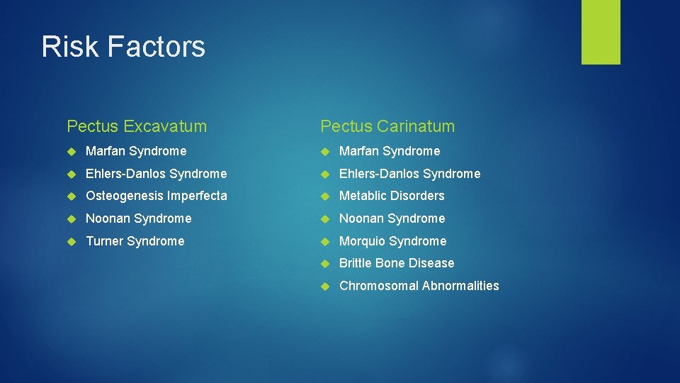 Risk Factors Pectus Excavatum Pectus Carinatum Marfan Syndrome Ehlers-Danlos Syndrome Osteogenesis Imperfecta Metablic Disorders