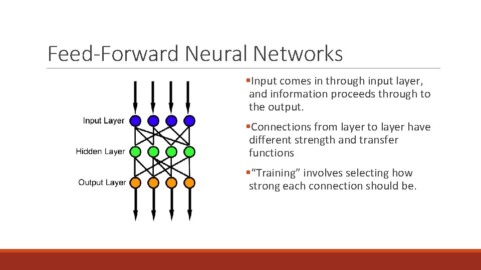 Feed-Forward Neural Networks §Input comes in through input layer, and information proceeds through to