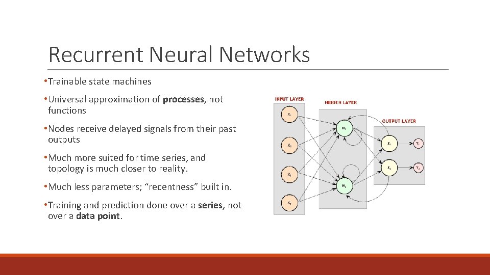 Recurrent Neural Networks • Trainable state machines • Universal approximation of processes, not functions