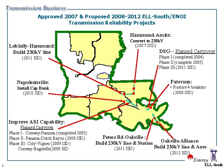 Approved 2007 & Proposed 2008 -2012 ELL-South/ENOI Transmission Reliability Projects Hammond-Amite: Loblolly-Hammond: Build 230