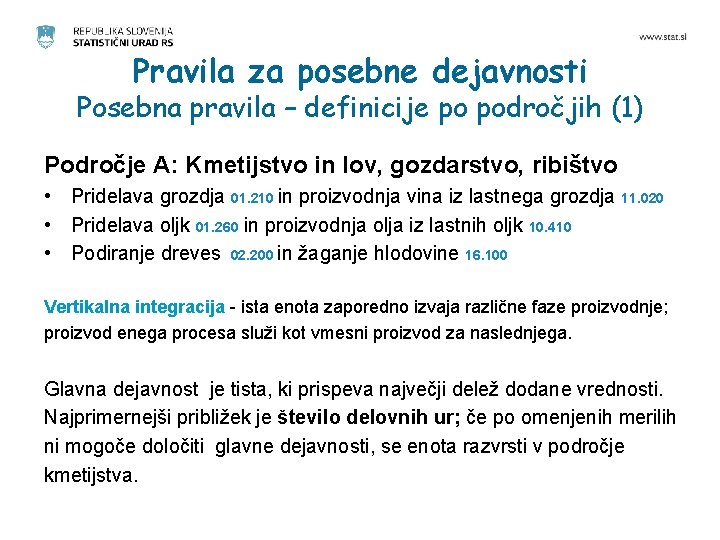 Pravila za posebne dejavnosti Posebna pravila – definicije po področjih (1) Področje A: Kmetijstvo