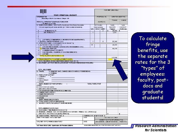 To calculate fringe benefits, use the separates for the 3 “types” of employees: faculty,