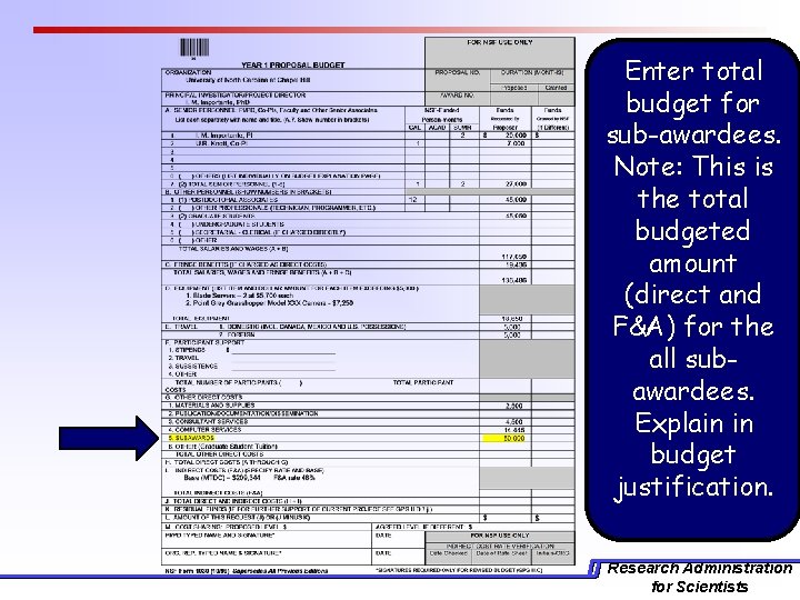 Enter total budget for sub-awardees. Note: This is the total budgeted amount (direct and