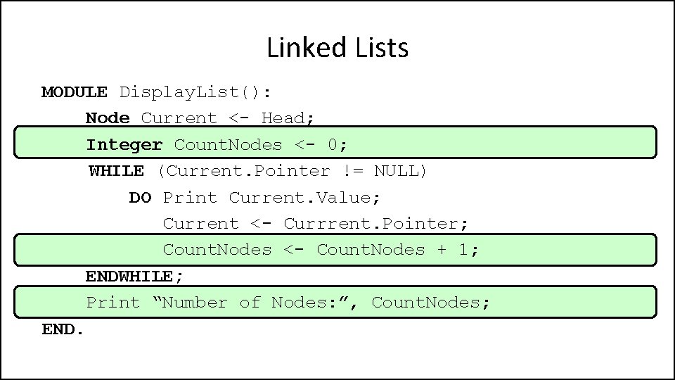 Linked Lists MODULE Display. List(): Node Current <- Head; Integer Count. Nodes <- 0;