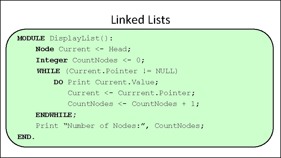 Linked Lists MODULE Display. List(): Node Current <- Head; Integer Count. Nodes <- 0;