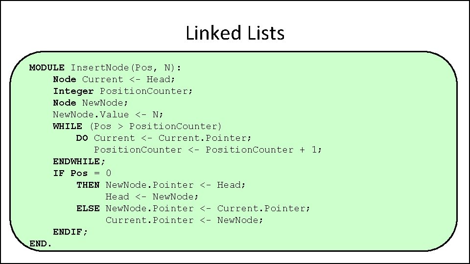 Linked Lists MODULE Insert. Node(Pos, N): Node Current <- Head; Integer Position. Counter; Node