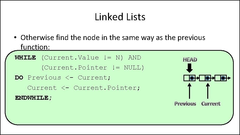 Linked Lists • Otherwise find the node in the same way as the previous