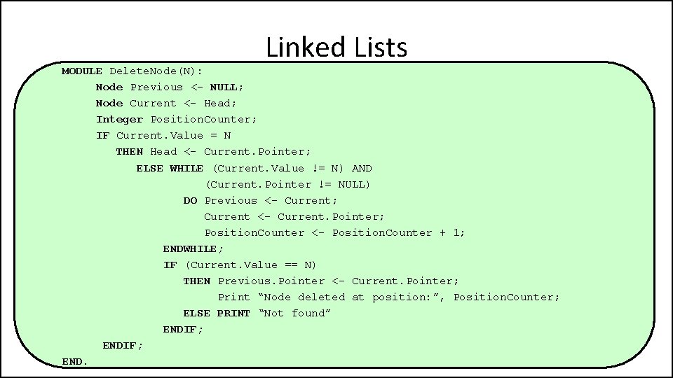 Linked Lists MODULE Delete. Node(N): Node Previous <- NULL; Node Current <- Head; Integer