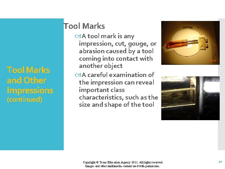 Tool Marks and Other Impressions (continued) A tool mark is any impression, cut, gouge,
