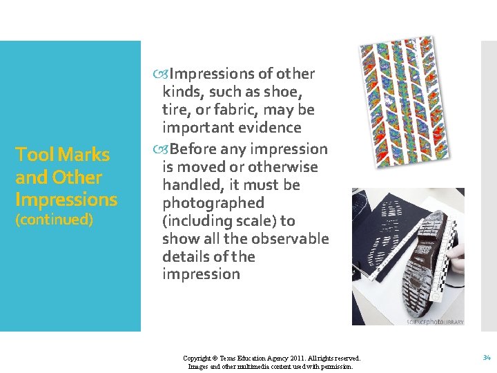 Tool Marks and Other Impressions (continued) Impressions of other kinds, such as shoe, tire,