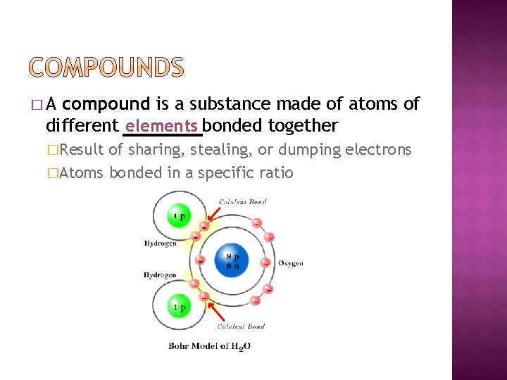 �A compound is a substance made of atoms of different elements bonded together �Result