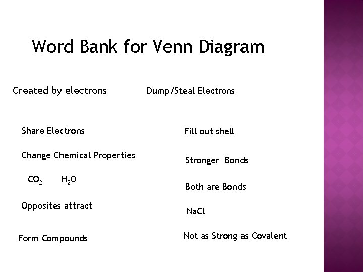 Word Bank for Venn Diagram Created by electrons Share Electrons Change Chemical Properties CO