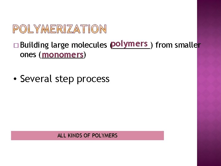 polymers from smaller large molecules (_____) ones (_____) monomers � Building • Several step