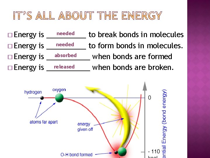 � Energy is needed _____ to break bonds in molecules needed _____ to form