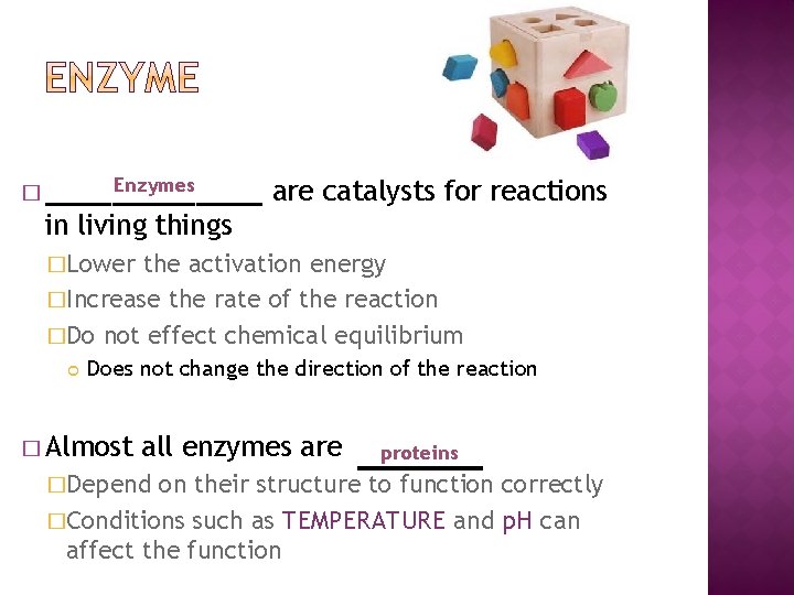 Enzymes � _______ are catalysts for reactions in living things �Lower the activation energy