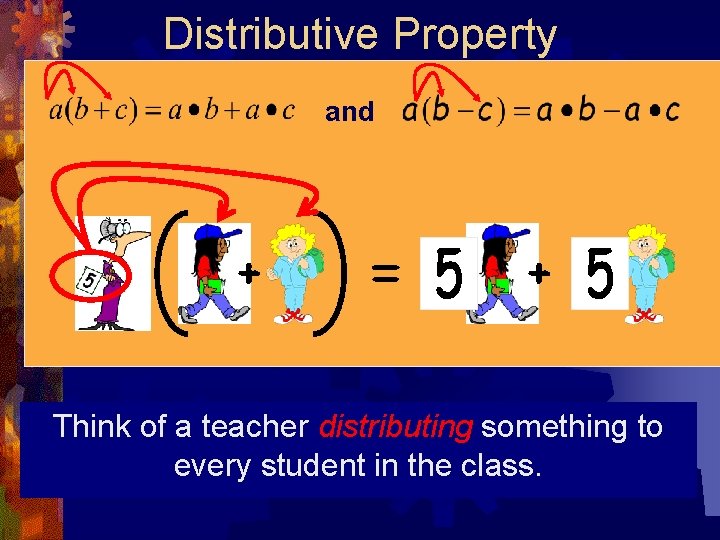 Distributive Property and Think of a teacher distributing something to every student in the