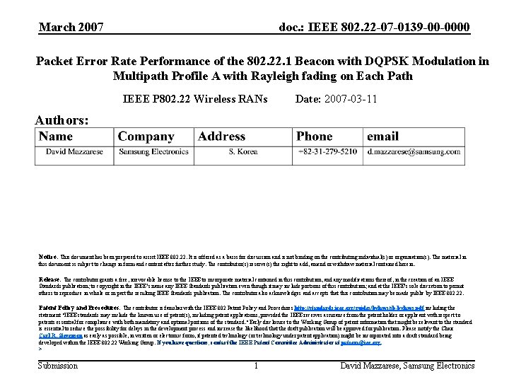 March 2007 doc. : IEEE 802. 22 -07 -0139 -00 -0000 Packet Error Rate