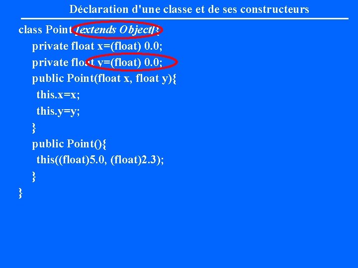 Déclaration d'une classe et de ses constructeurs class Point [extends Object]{ private float x=(float)