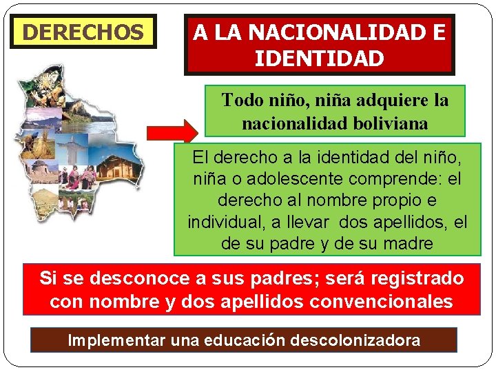DERECHOS A LA NACIONALIDAD E IDENTIDAD Todo niño, niña adquiere la nacionalidad boliviana El