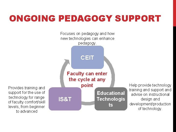 ONGOING PEDAGOGY SUPPORT Focuses on pedagogy and how new technologies can enhance pedagogy. CEIT