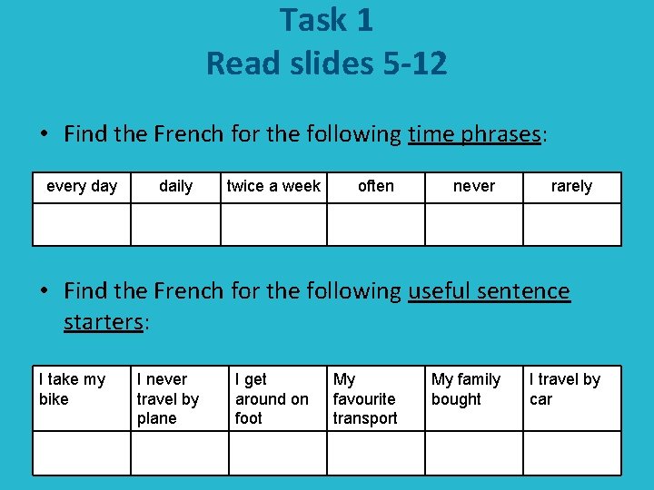 Task 1 Read slides 5 -12 • Find the French for the following time