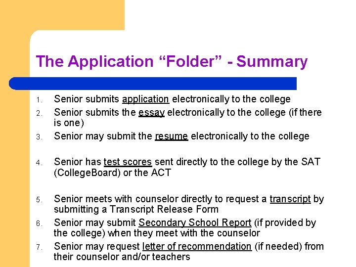 The Application “Folder” - Summary 1. 2. 3. Senior submits application electronically to the