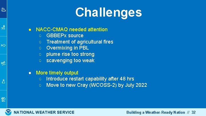 Challenges ● NACC-CMAQ needed attention ○ GBBEPx source ○ Treatment of agricultural fires ○