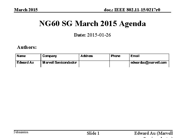 March 2015 doc. : IEEE 802. 11 -15/0217 r 0 NG 60 SG March