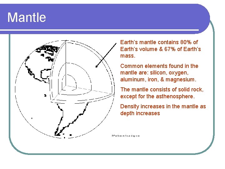 Mantle Earth’s mantle contains 80% of Earth’s volume & 67% of Earth’s mass. Common