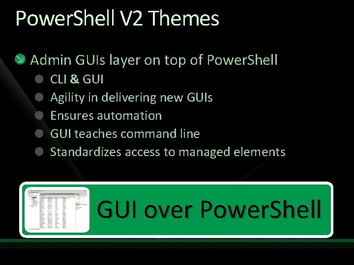 Power. Shell V 2 Themes Admin GUIs layer on top of Power. Shell CLI