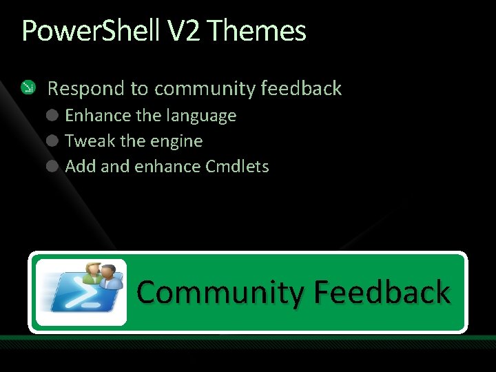 Power. Shell V 2 Themes Respond to community feedback Enhance the language Tweak the