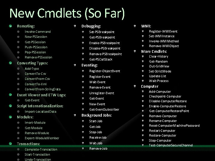 New Cmdlets (So Far) Remoting: Invoke-Command New-PSSession Get-PSSession Push-PSSession Pop-PSSession Remove-PSSession Converting Types: Add-Type