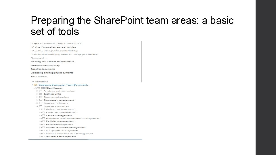 Preparing the Share. Point team areas: a basic set of tools 
