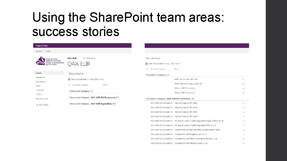 Using the Share. Point team areas: success stories 