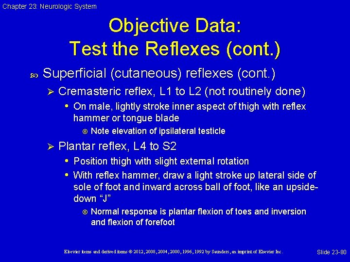 Chapter 23: Neurologic System Objective Data: Test the Reflexes (cont. ) Superficial (cutaneous) reflexes