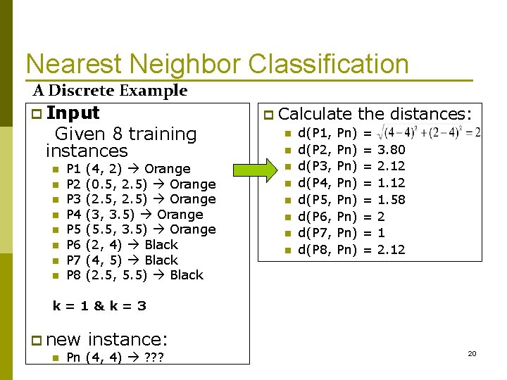 Nearest Neighbor Classification A Discrete Example p Input Given 8 training instances n n