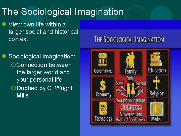 The Sociological Imagination l View own life within a larger social and historical context