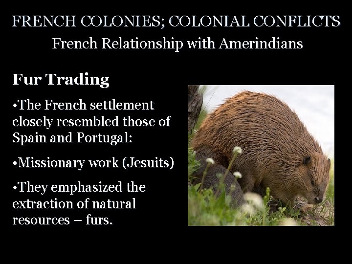 FRENCH COLONIES; COLONIAL CONFLICTS French Relationship with Amerindians Fur Trading • The French settlement