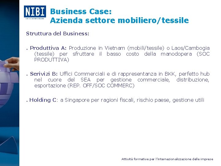 Business Case: Azienda settore mobiliero/tessile Struttura del Business: . Produttiva A: Produzione in Vietnam