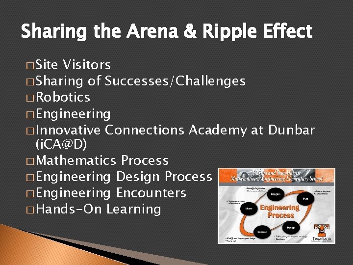 Sharing the Arena & Ripple Effect � Site Visitors � Sharing of Successes/Challenges �