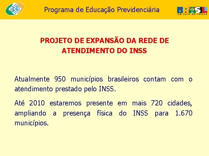 Programa de Educação Previdenciária PROJETO DE EXPANSÃO DA REDE DE ATENDIMENTO DO INSS Atualmente