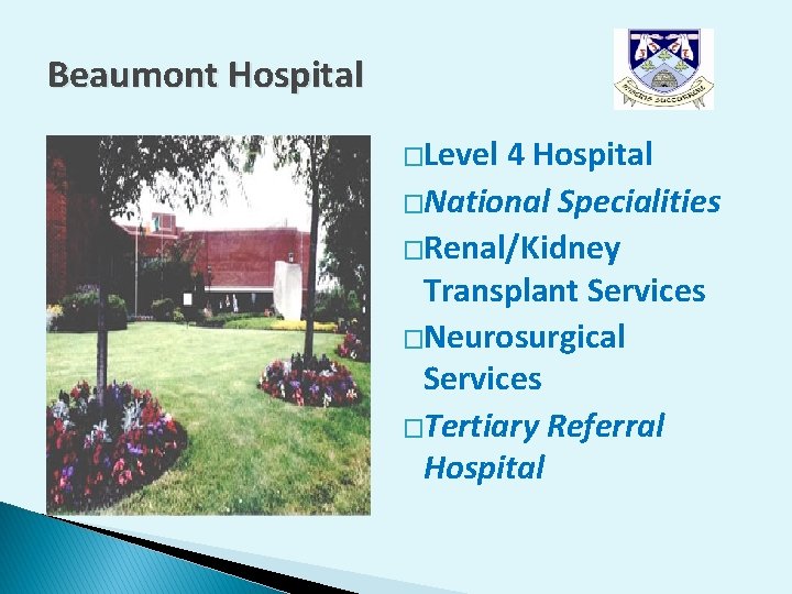 Beaumont Hospital �Level 4 Hospital �National Specialities �Renal/Kidney Transplant Services �Neurosurgical Services �Tertiary Referral Beaumont Hospital �Level 4 Hospital �National Specialities �Renal/Kidney Transplant Services �Neurosurgical Services �Tertiary Referral