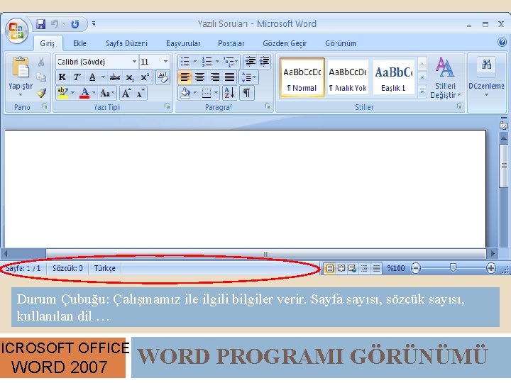 Durum Çubuğu: Çalışmamız ile ilgili bilgiler verir. Sayfa sayısı, sözcük sayısı, kullanılan dil …