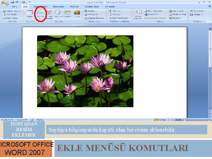 DOSYADAN RESİM EKLEMEK Sayfaya bilgisayarda kayıtlı olan bir resim eklenebilir. MICROSOFT OFFICE WORD 2007