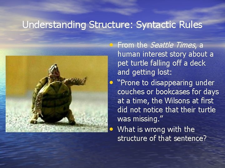 Understanding Structure: Syntactic Rules • From the Seattle Times, a • • human interest